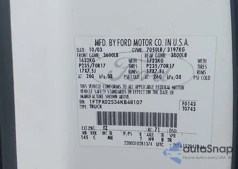 2004 Ford F-150 Xlt z USA, uszkodzony, nr VIN 1FTPX02534KB48107